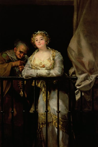 Maja en Celestina op een balkon, 1805-12 door Francisco de Goya